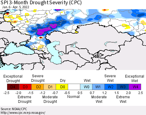 Russian Federation SPI 3-Month Drought Severity (CPC) Thematic Map For 1/6/2022 - 4/5/2022
