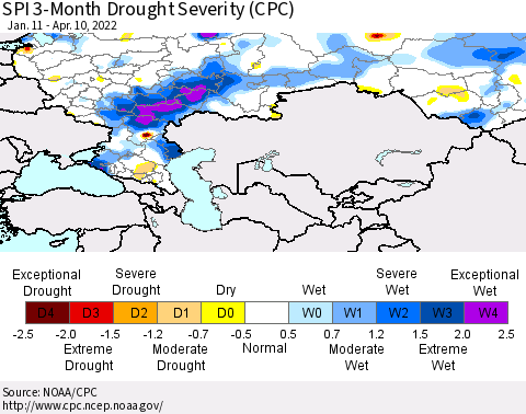 Russian Federation SPI 3-Month Drought Severity (CPC) Thematic Map For 1/11/2022 - 4/10/2022