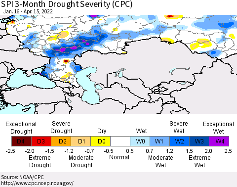 Russian Federation SPI 3-Month Drought Severity (CPC) Thematic Map For 1/16/2022 - 4/15/2022