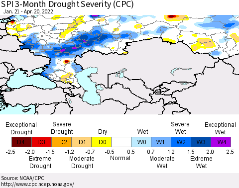 Russian Federation SPI 3-Month Drought Severity (CPC) Thematic Map For 1/21/2022 - 4/20/2022
