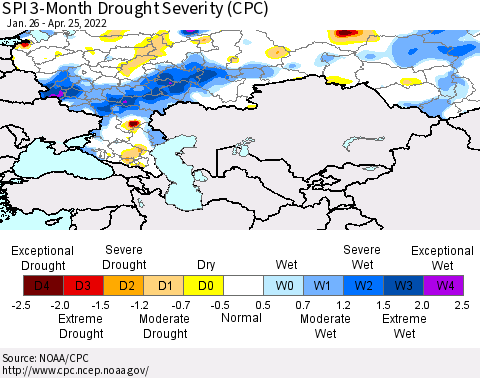 Russian Federation SPI 3-Month Drought Severity (CPC) Thematic Map For 1/26/2022 - 4/25/2022