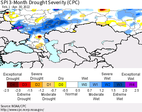 Russian Federation SPI 3-Month Drought Severity (CPC) Thematic Map For 2/1/2022 - 4/30/2022
