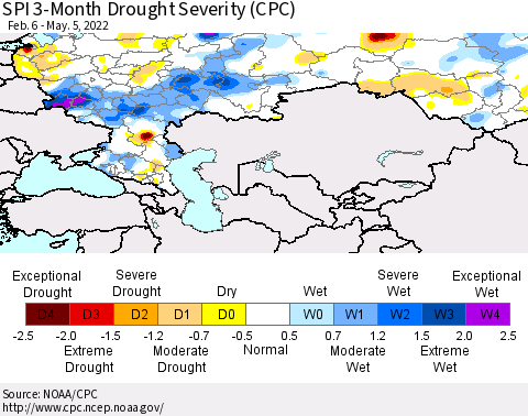 Russian Federation SPI 3-Month Drought Severity (CPC) Thematic Map For 2/6/2022 - 5/5/2022