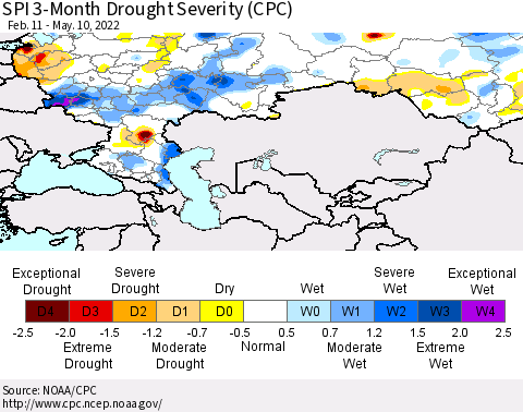 Russian Federation SPI 3-Month Drought Severity (CPC) Thematic Map For 2/11/2022 - 5/10/2022