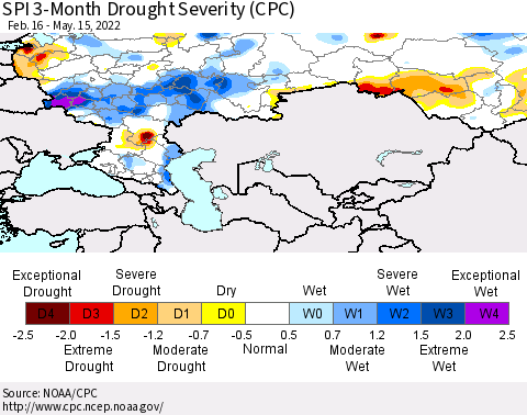 Russian Federation SPI 3-Month Drought Severity (CPC) Thematic Map For 2/16/2022 - 5/15/2022