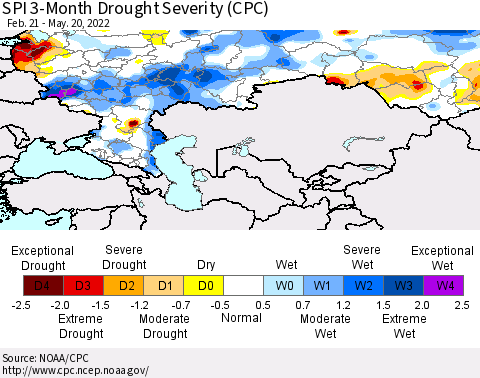 Russian Federation SPI 3-Month Drought Severity (CPC) Thematic Map For 2/21/2022 - 5/20/2022