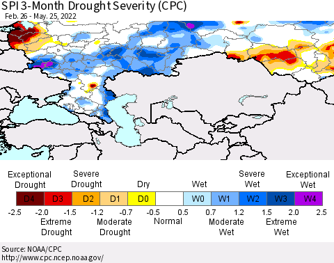 Russian Federation SPI 3-Month Drought Severity (CPC) Thematic Map For 2/26/2022 - 5/25/2022