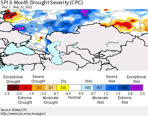 Russian Federation SPI 3-Month Drought Severity (CPC) Thematic Map For 3/1/2022 - 5/31/2022