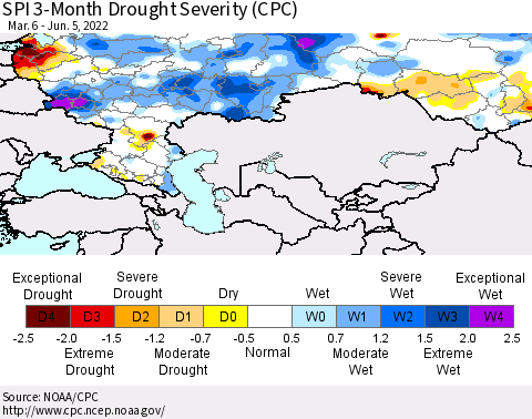 Russian Federation SPI 3-Month Drought Severity (CPC) Thematic Map For 3/6/2022 - 6/5/2022