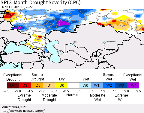 Russian Federation SPI 3-Month Drought Severity (CPC) Thematic Map For 3/11/2022 - 6/10/2022