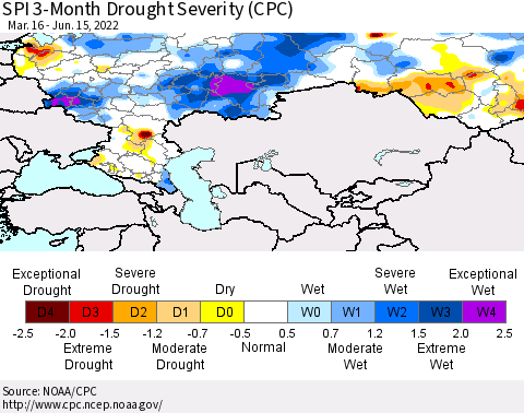 Russian Federation SPI 3-Month Drought Severity (CPC) Thematic Map For 3/16/2022 - 6/15/2022