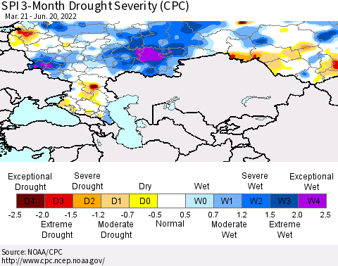 Russian Federation SPI 3-Month Drought Severity (CPC) Thematic Map For 3/21/2022 - 6/20/2022