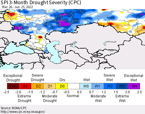 Russian Federation SPI 3-Month Drought Severity (CPC) Thematic Map For 3/26/2022 - 6/25/2022
