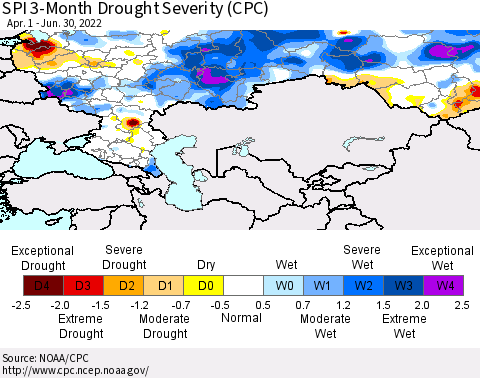 Russian Federation SPI 3-Month Drought Severity (CPC) Thematic Map For 4/1/2022 - 6/30/2022