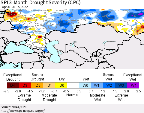 Russian Federation SPI 3-Month Drought Severity (CPC) Thematic Map For 4/6/2022 - 7/5/2022