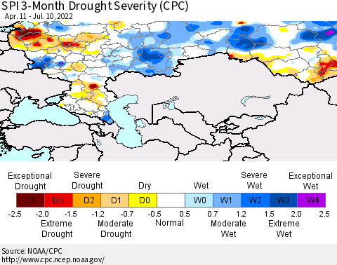 Russian Federation SPI 3-Month Drought Severity (CPC) Thematic Map For 4/11/2022 - 7/10/2022