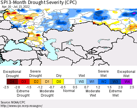Russian Federation SPI 3-Month Drought Severity (CPC) Thematic Map For 4/16/2022 - 7/15/2022