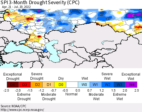 Russian Federation SPI 3-Month Drought Severity (CPC) Thematic Map For 4/21/2022 - 7/20/2022