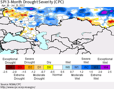 Russian Federation SPI 3-Month Drought Severity (CPC) Thematic Map For 4/26/2022 - 7/25/2022