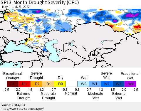 Russian Federation SPI 3-Month Drought Severity (CPC) Thematic Map For 5/1/2022 - 7/31/2022