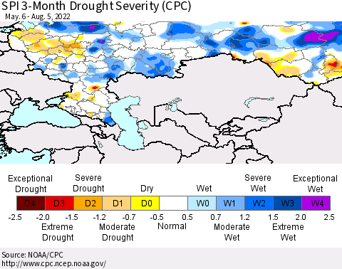 Russian Federation SPI 3-Month Drought Severity (CPC) Thematic Map For 5/6/2022 - 8/5/2022