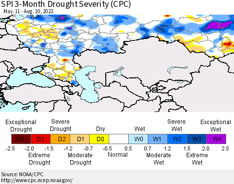 Russian Federation SPI 3-Month Drought Severity (CPC) Thematic Map For 5/11/2022 - 8/10/2022