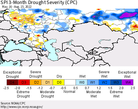Russian Federation SPI 3-Month Drought Severity (CPC) Thematic Map For 5/16/2022 - 8/15/2022