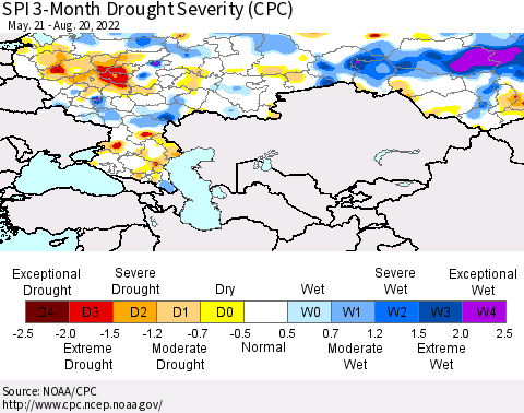 Russian Federation SPI 3-Month Drought Severity (CPC) Thematic Map For 5/21/2022 - 8/20/2022