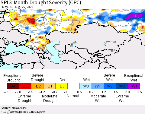 Russian Federation SPI 3-Month Drought Severity (CPC) Thematic Map For 5/26/2022 - 8/25/2022
