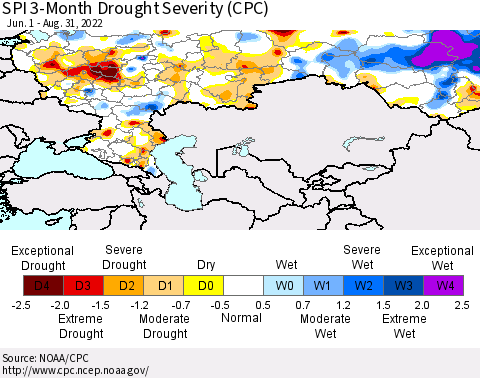 Russian Federation SPI 3-Month Drought Severity (CPC) Thematic Map For 6/1/2022 - 8/31/2022