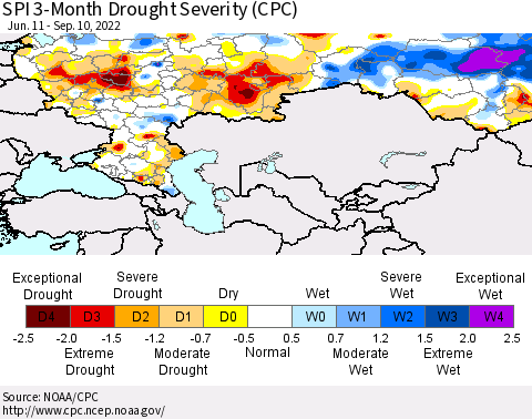 Russian Federation SPI 3-Month Drought Severity (CPC) Thematic Map For 6/11/2022 - 9/10/2022