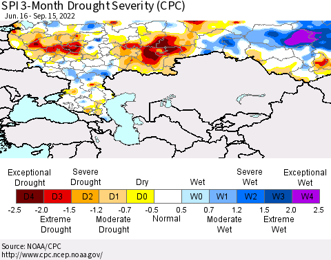 Russian Federation SPI 3-Month Drought Severity (CPC) Thematic Map For 6/16/2022 - 9/15/2022
