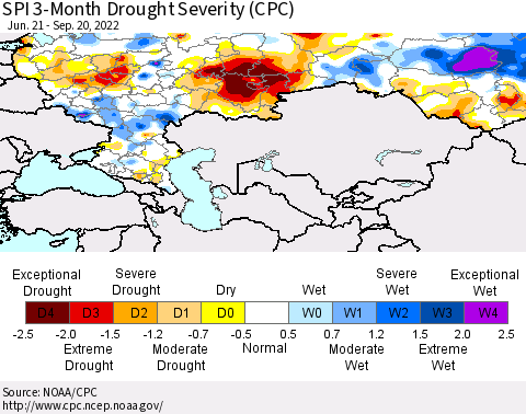 Russian Federation SPI 3-Month Drought Severity (CPC) Thematic Map For 6/21/2022 - 9/20/2022