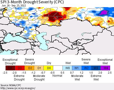 Russian Federation SPI 3-Month Drought Severity (CPC) Thematic Map For 6/26/2022 - 9/25/2022
