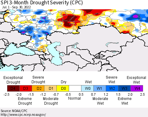 Russian Federation SPI 3-Month Drought Severity (CPC) Thematic Map For 7/1/2022 - 9/30/2022