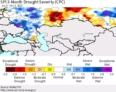 Russian Federation SPI 3-Month Drought Severity (CPC) Thematic Map For 7/6/2022 - 10/5/2022