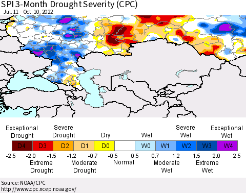 Russian Federation SPI 3-Month Drought Severity (CPC) Thematic Map For 7/11/2022 - 10/10/2022