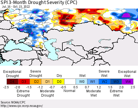 Russian Federation SPI 3-Month Drought Severity (CPC) Thematic Map For 7/16/2022 - 10/15/2022