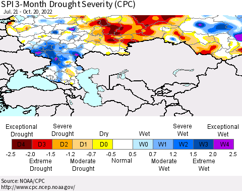 Russian Federation SPI 3-Month Drought Severity (CPC) Thematic Map For 7/21/2022 - 10/20/2022
