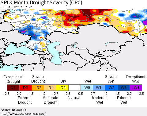 Russian Federation SPI 3-Month Drought Severity (CPC) Thematic Map For 7/26/2022 - 10/25/2022