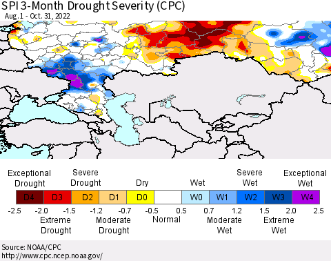 Russian Federation SPI 3-Month Drought Severity (CPC) Thematic Map For 8/1/2022 - 10/31/2022