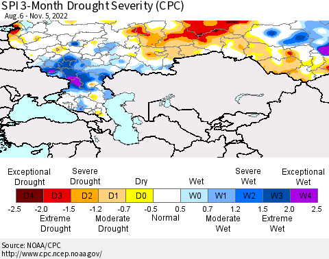 Russian Federation SPI 3-Month Drought Severity (CPC) Thematic Map For 8/6/2022 - 11/5/2022