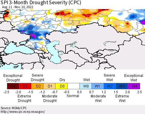 Russian Federation SPI 3-Month Drought Severity (CPC) Thematic Map For 8/11/2022 - 11/10/2022