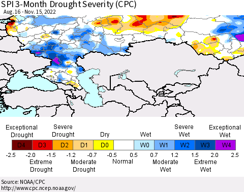 Russian Federation SPI 3-Month Drought Severity (CPC) Thematic Map For 8/16/2022 - 11/15/2022