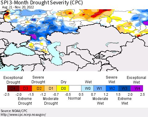 Russian Federation SPI 3-Month Drought Severity (CPC) Thematic Map For 8/21/2022 - 11/20/2022