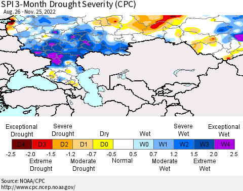 Russian Federation SPI 3-Month Drought Severity (CPC) Thematic Map For 8/26/2022 - 11/25/2022