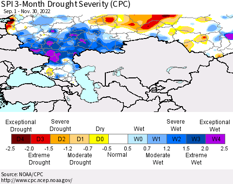 Russian Federation SPI 3-Month Drought Severity (CPC) Thematic Map For 9/1/2022 - 11/30/2022