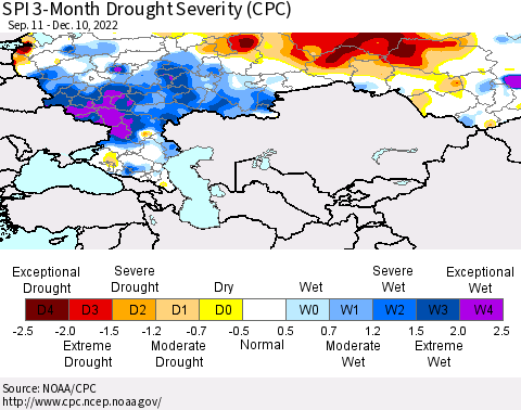 Russian Federation SPI 3-Month Drought Severity (CPC) Thematic Map For 9/11/2022 - 12/10/2022