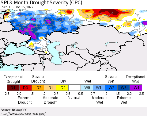 Russian Federation SPI 3-Month Drought Severity (CPC) Thematic Map For 9/16/2022 - 12/15/2022