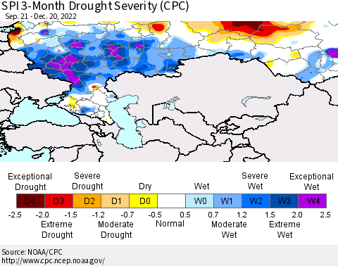 Russian Federation SPI 3-Month Drought Severity (CPC) Thematic Map For 9/21/2022 - 12/20/2022